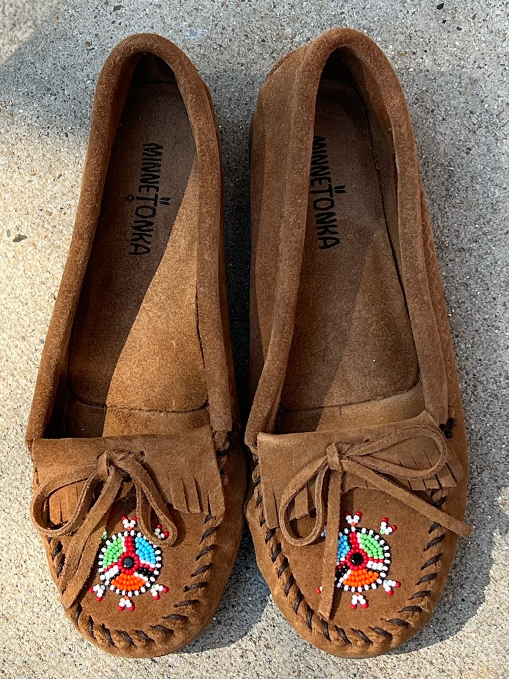 Minnetonka Brown Suede Beaded Fringe Moccasins